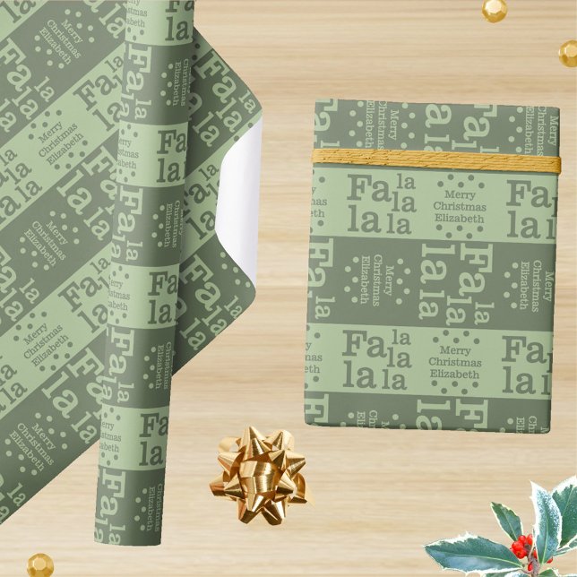 Modern Fa La Green Simple Christmas Add Name Wrapping Paper (Add a name to this festive holiday wrapping paper in sage green)