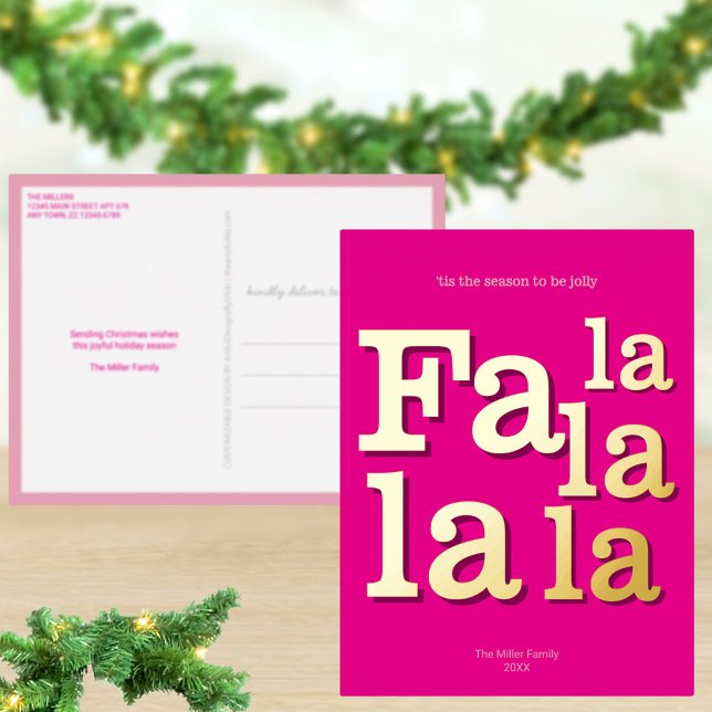 Modern Fa La Hot Pink Simple Chic Trendy Gold Foil Holiday Postcard (Christmas postcards with real gold foil accents)