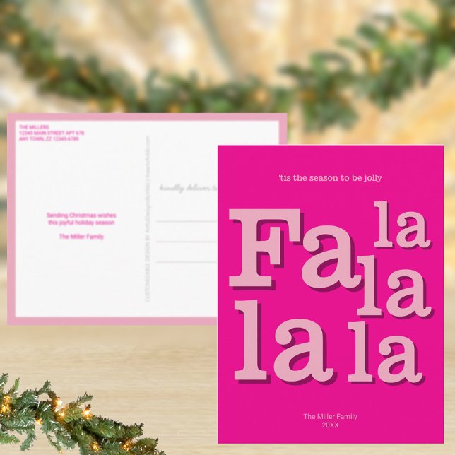 Modern Fa La Hot Pink Simple Minimal Christmas Postcard (Christmas postcards with your custom text and optional return address)