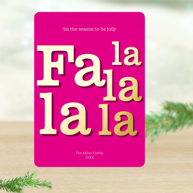 Modern Fa La Hot Pink Simple Typography Gold (Real gold foil printing adds glimmer and shine to these hot pink typography Christmas cards)
