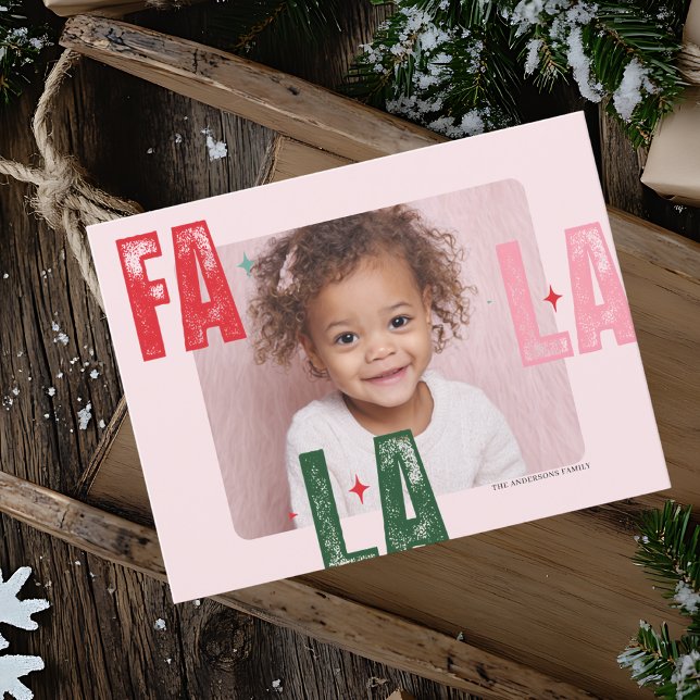 Modern Fa La La Christmas Photo | Pink & Red  Postcard (Creator Uploaded)