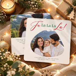 Modern Fa La La Red Script Christmas Family 2Photo Holiday Card