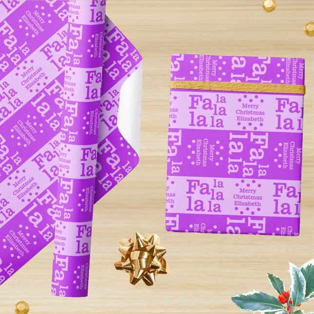 Modern Fa La Purple Simple Christmas Add Name Wrapping Paper (A bold graphic holiday design and unexpected purple makes this Christmas wrapping paper fun)