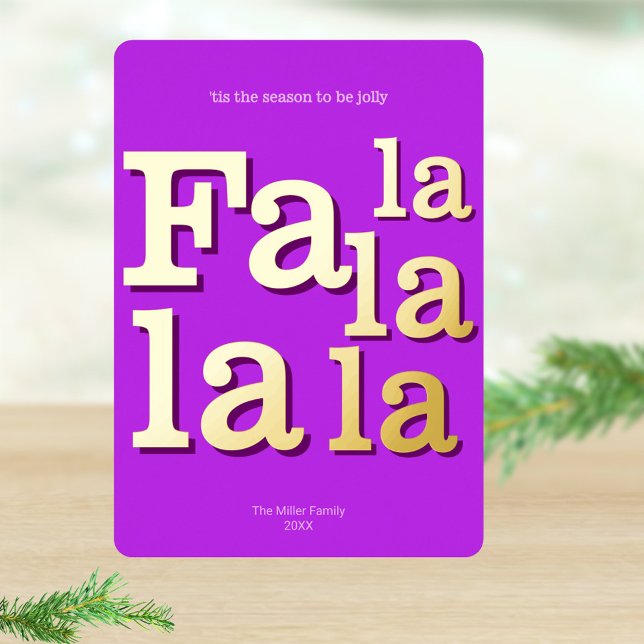 Modern Fa La Purple Simple Typography Gold (Unexpected purple, real gold foil printing and modern typography makes these Christmas cards fun)