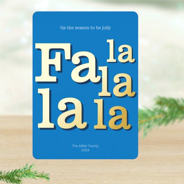 Modern Fa La Sky Blue Simple Typography Gold (Real gold foil Christmas cards in blue with a simple modern typography design)