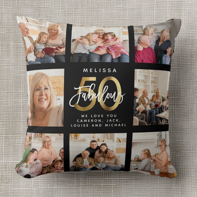 Modern Fabulous 50th Birthday Photo Collage Gold  Cushion (Creator Uploaded)
