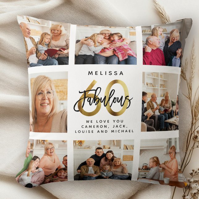 Modern Fabulous 60th Birthday Photo Collage Gold Cushion (Creator Uploaded)