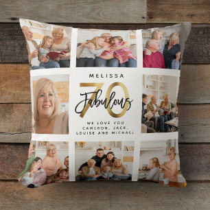 Modern Fabulous 70th Birthday Photo Collage Gold Cushion