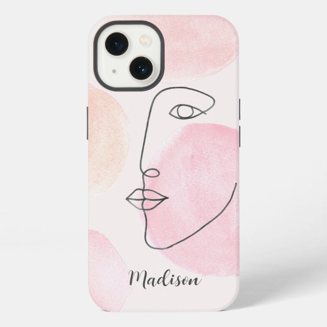 Modern Face Line Art Custom Name iPhone Case (Back)