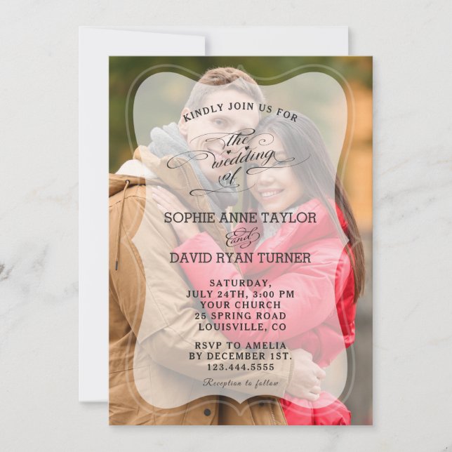 Modern Faded Photo Calligraphy Wedding Invitation (Front)