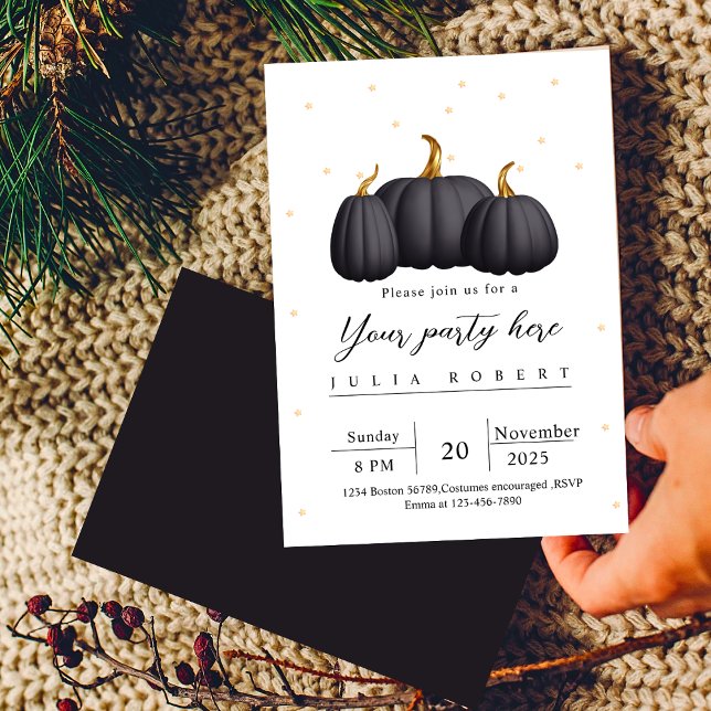 modern fall autumn  golden Black pumpkin White Invitation (Creator Uploaded)