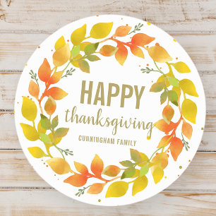 Modern Fall Autumn Leaves Wreath Thanksgiving Classic Round Sticker