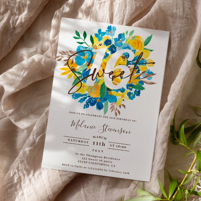 Modern fall blue yellow floral chic photo Sweet 16 Invitation (Creator Uploaded)