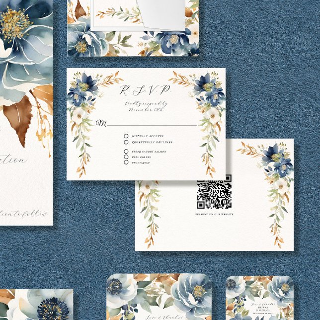 Modern Fall Floral Navy Blue Ivory Rust Wedding RSVP Card (Creator Uploaded)