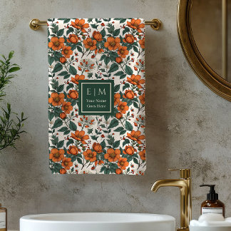 Modern Fall Floral Pastel Sage Custom Name Towel