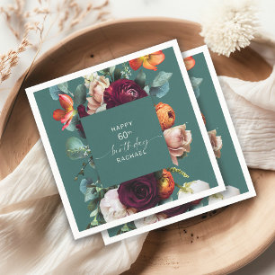 Modern Fall Floral Teal 60th Birthday Party Napkin