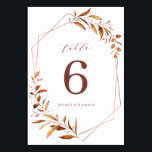 Modern Fall Greenery  Geometric Rustic Wedding Table Number<br><div class="desc">Rustic watercolor fall botanical foliage greenery design with faux copper foil leaves and geometric frame,  with trendy table script,  simple and elegant,  great for fall rustic wedding,  winter botanical garden wedding. 
See all the matching pieces in collection</div>