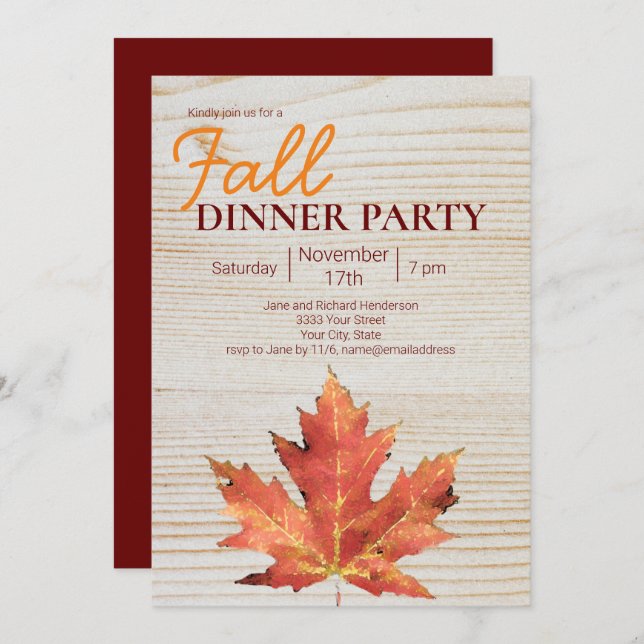 Modern Fall Leaf Burgundy Dinner Party Invitation (Front/Back)
