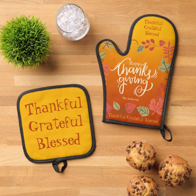 Modern Fall Leaves Cooking Baking Thanksgiving Oven Mitt & Pot Holder Set (Top Down)