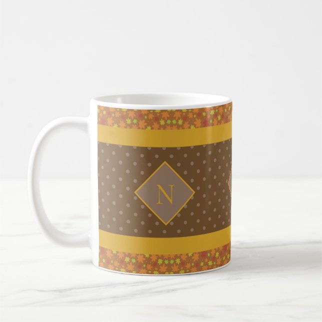 Modern Fall Leaves Monogram Brown Polka Dot Coffee Mug (Left)