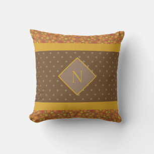 Modern Fall Leaves Monogram Brown Polka Dot Cushion