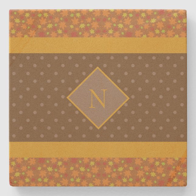 Modern Fall Leaves Monogram Brown Polka Dot Stone Coaster (Front)