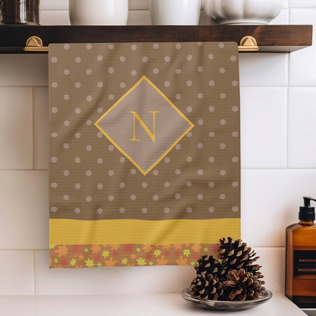 Modern Fall Leaves Monogram Brown Polka Dot Tea Towel (Creator Uploaded)