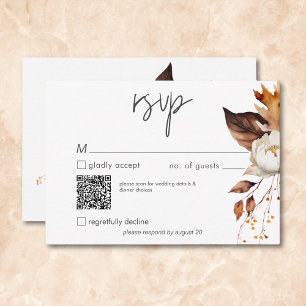 Modern Fall Neutral Floral Frame Wedding QR Code RSVP Card