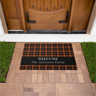 Modern Fall Plaid Orange Welcome Family Name Doormat