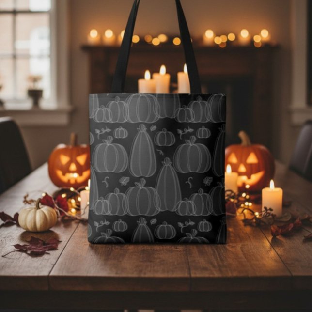 Modern Fall Pumpkin Pattern in Black and White Tote Bag (Black monochrome minimalist pumpkin line art on a cute tote bag in front of helloween decorations.)