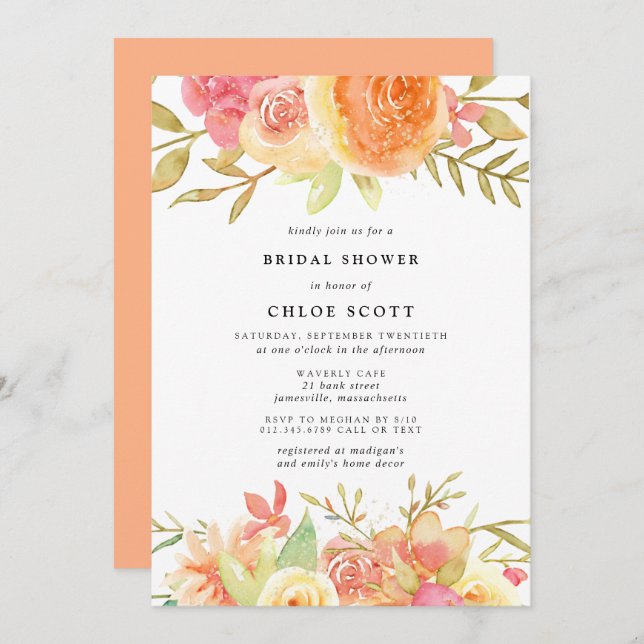 Modern Fall Rose Flowers Bridal Shower Invitation (Front/Back)