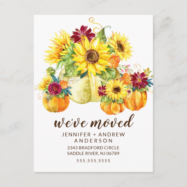 Modern Fall Sunflowers Pumpkin Moving Announcement Postcard (Front)