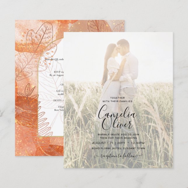 Modern Fall Terracotta Orange Leaf Wedding Invite (Front/Back)