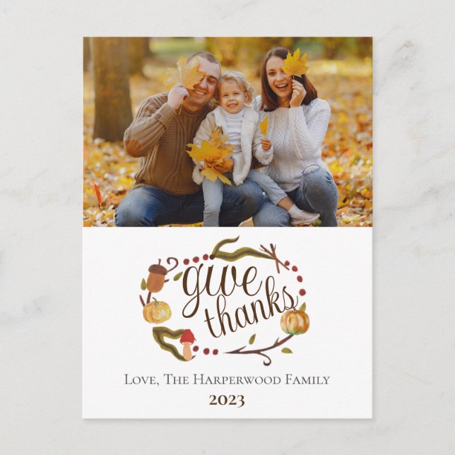 Modern Fall Watercolor Thanksgiving Family photo Holiday Postcard (Front)