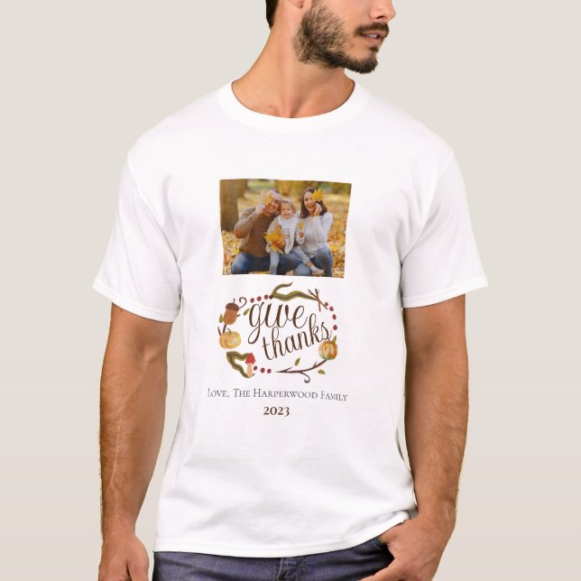 Modern Fall Watercolor Thanksgiving Family photo T-Shirt (Front)