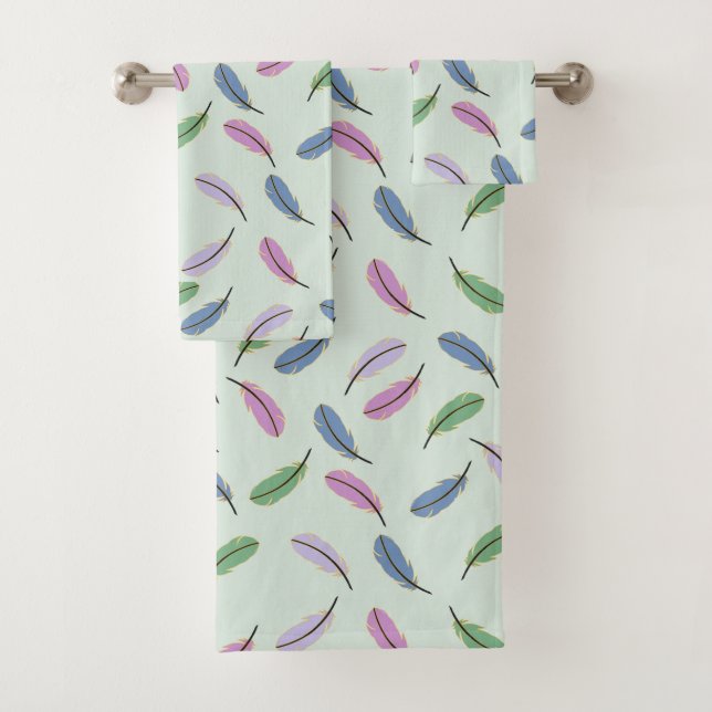 Modern Falling Feathers Pastel Blue Bath Towel Set (Insitu)