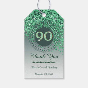 Modern Falling Green Glitter 90th Birthday Gift Tags