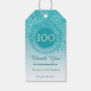 Modern Falling Teal Blue Glitter 100th Birthday Gift Tags