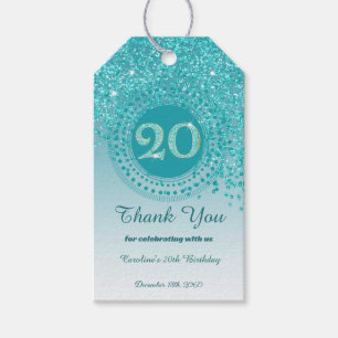 Modern Falling Teal Blue Glitter 20th Birthday Gift Tags