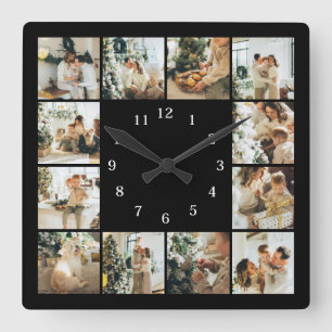 Modern Family 12 Photo Collage Black Keepsake Squa Square Wall Clock