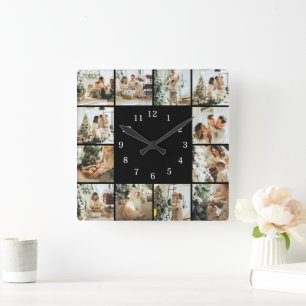 Modern Family 12 Photo Collage Black Keepsake Square Wall Clock