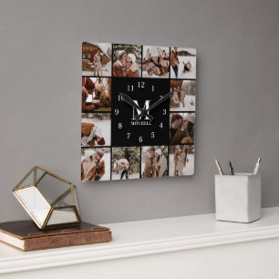 Modern Family 12 Photo Collage   Monogram Keepsake Square Wall Clock