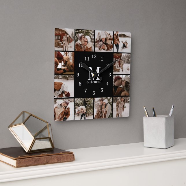 Modern Family 12 Photo Collage | Monogram Keepsake Square Wall Clock (Office)