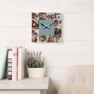 Modern Family 12 Photo Collage Monogram Sage Green Square Wall Clock