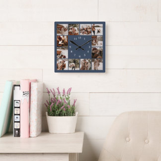 Modern Family 12 Photo Collage Navy Blue Keepsake Square Wall Clock