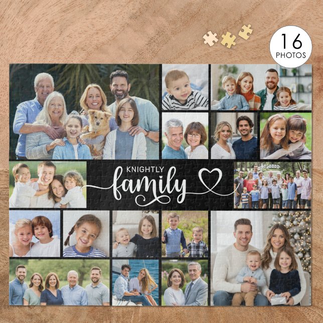 Modern FAMILY 16 Photo Collage Script Heart Jigsaw Puzzle (Creator Uploaded)