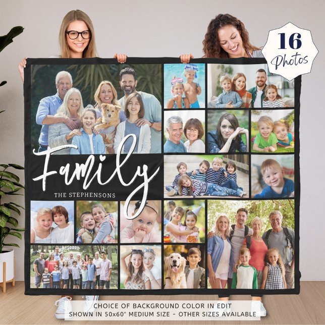Modern FAMILY 16 Photo Collage Your Colour Fleece Blanket (Creator Uploaded)