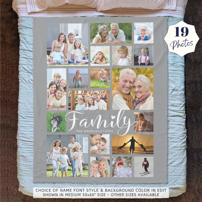 Modern FAMILY 19 Photo Collage Script Heart Grey Fleece Blanket (Creator Uploaded)