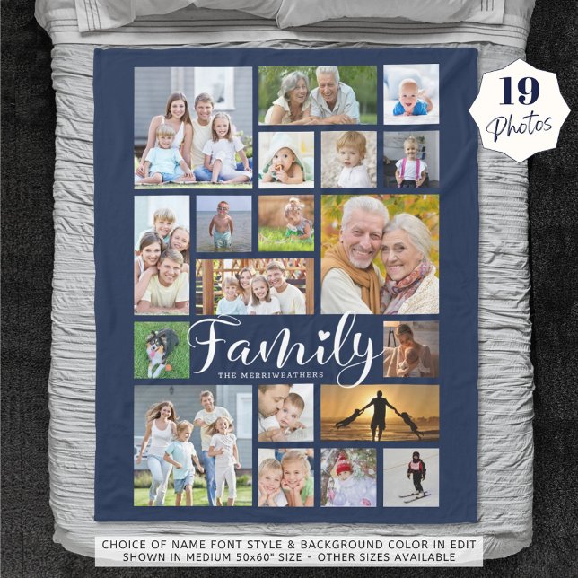 Modern FAMILY 19 Photo Collage Script Heart Navy Fleece Blanket (Creator Uploaded)