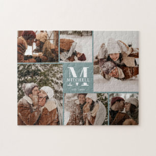 Modern Family 6 Photo Collage Sage Green Keepsake Jigsaw Puzzle